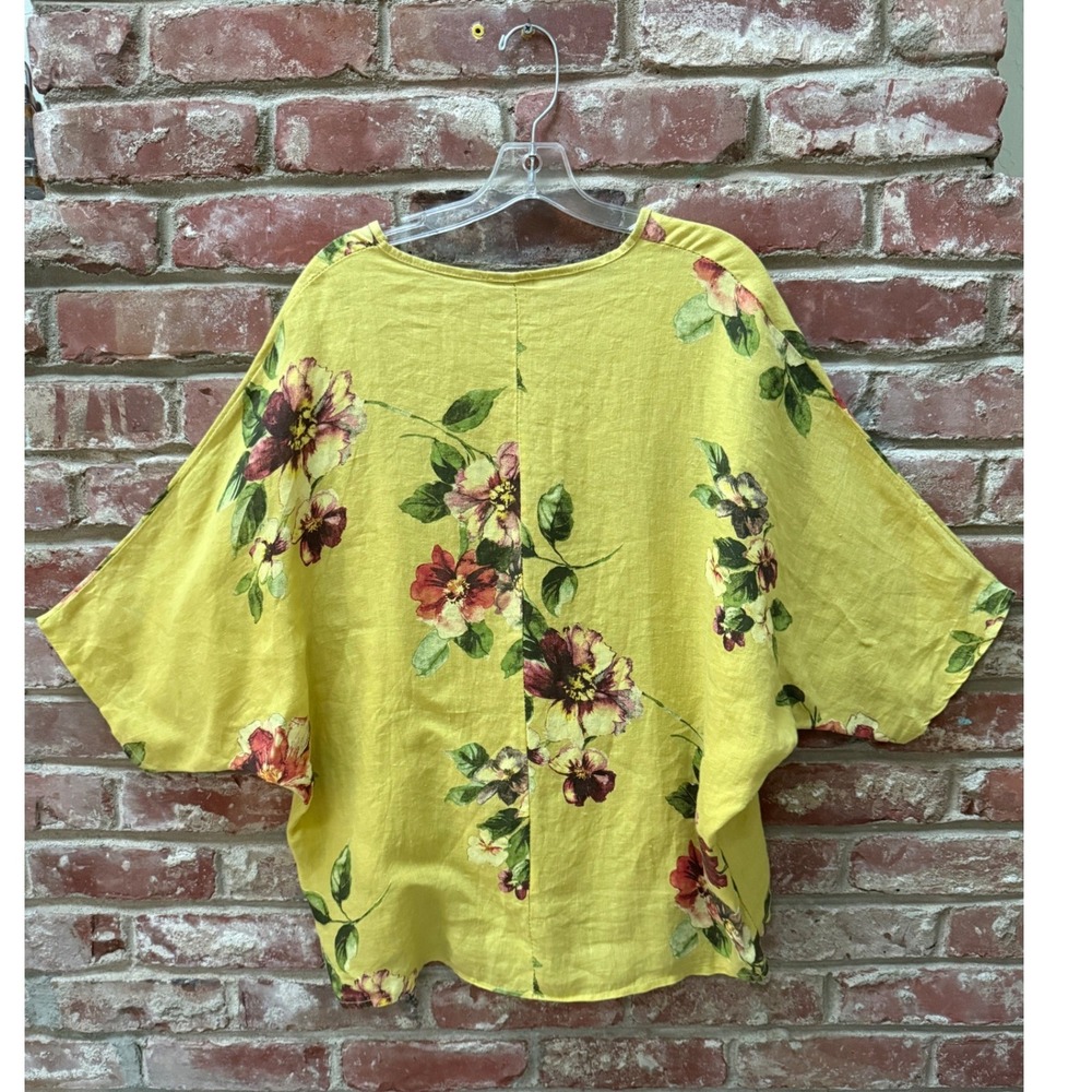 Lagenlook Nina Kendosa Paris Yellow Floral 100% Linen Boxy Top Made in Italy - Picture 3 of 9
